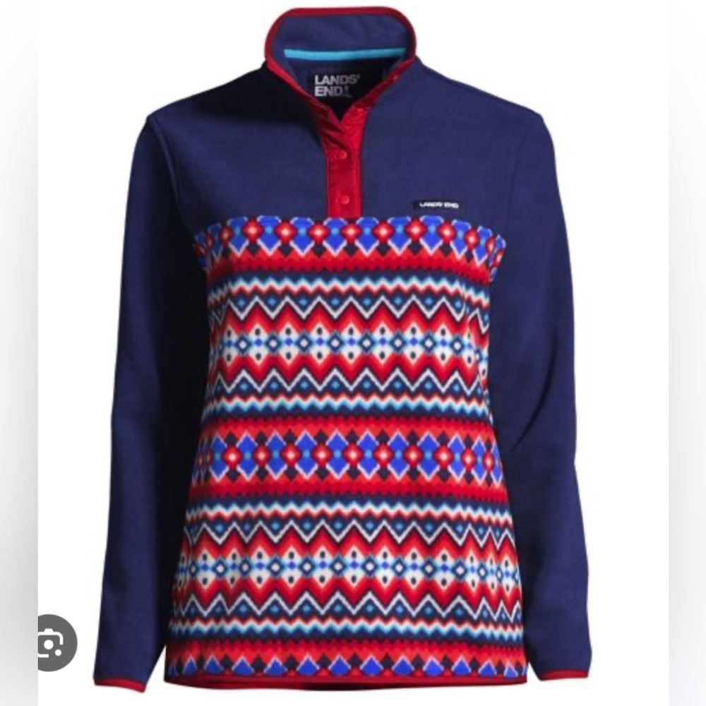 Lands End Tall Heritage Fleece Snap Neck Pullover red/navy chevron